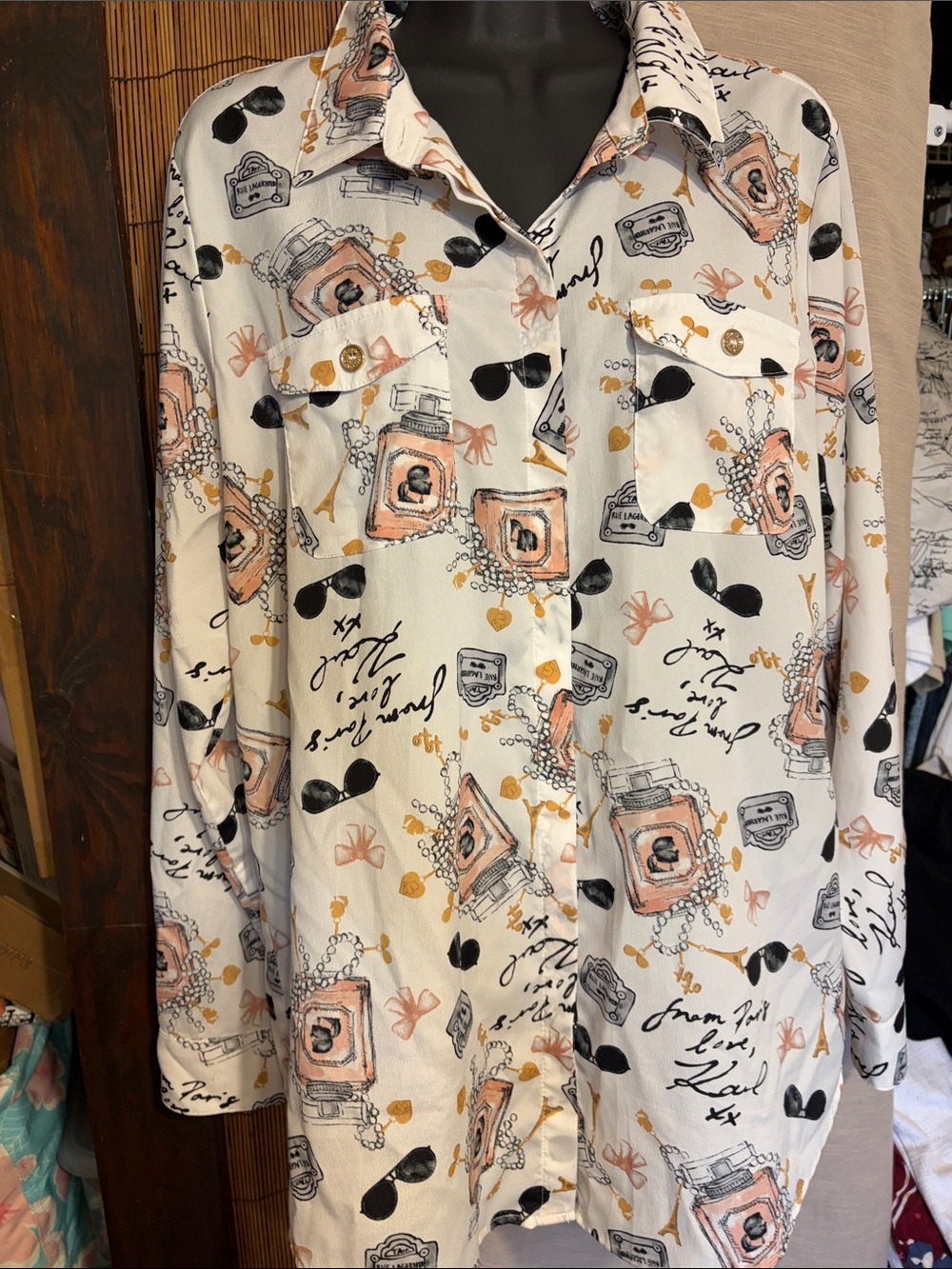 Women’s Long-Sleeve Cream Button-Up Shirt with Perfume & Sunglasses Print